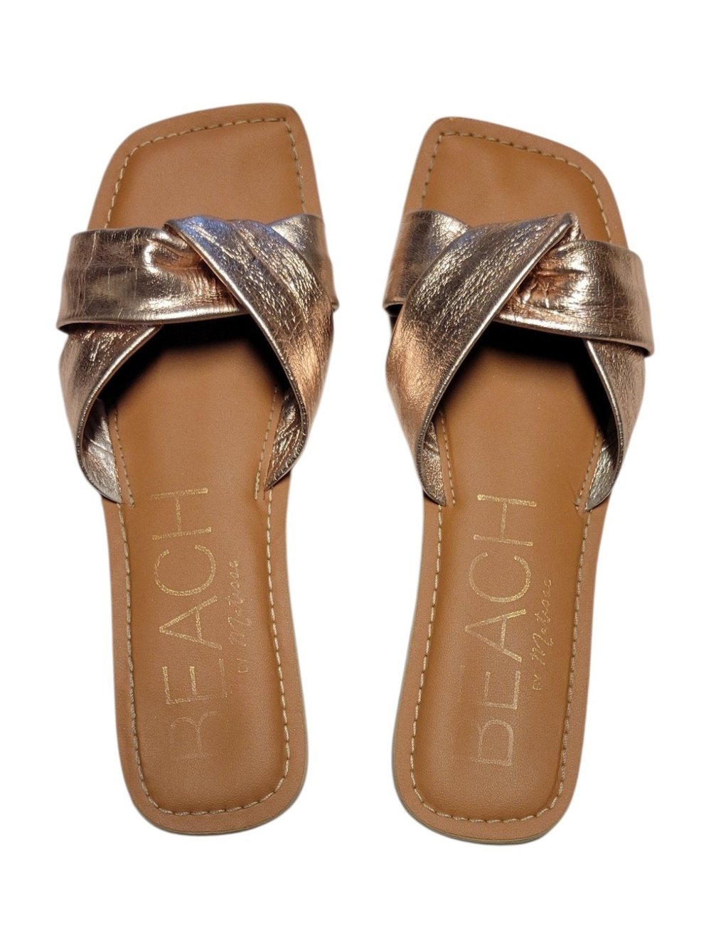Genuine Leather Beach By Matisse Metallic Rose Gold Crisscross Slide Sandals